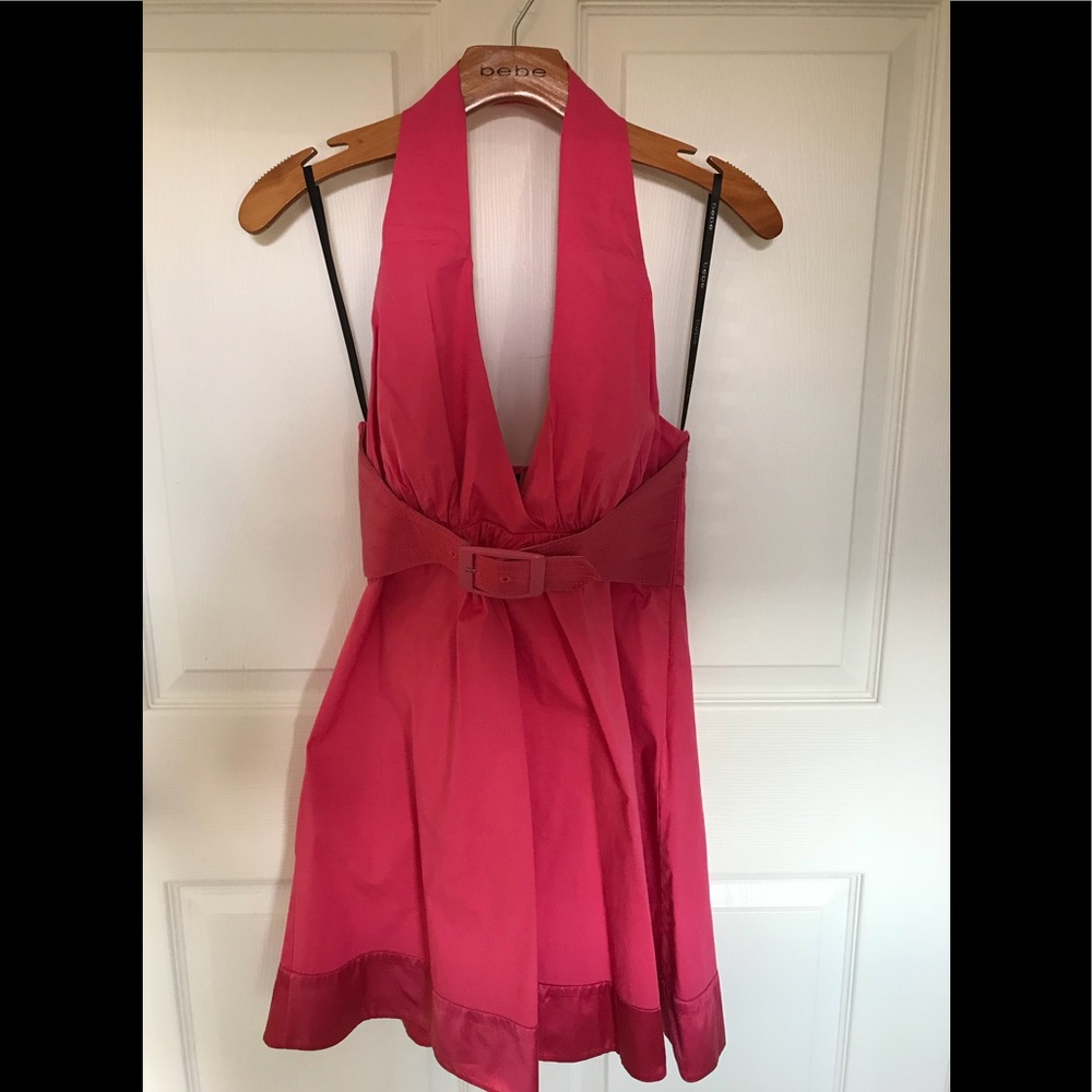 Bebe hot pink cotton halter dress, satin belt/trim